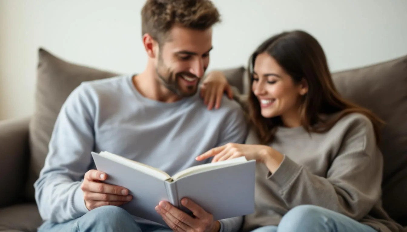 In a softly lit room, two partners share an intimate moment as they sit close together, one gently tracing a "limits and desires" list in an open journal. Their fingers briefly touch over a shared interest, conveying trust and anticipation as they prepare for a role play scenario that explores their sexual fantasies.