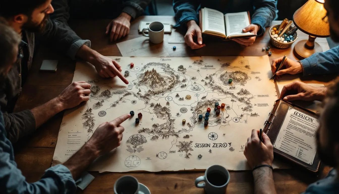 A diverse group of players and a game master gather around a large, hand-drawn map on a wooden table, engaged in a collaborative 'Session Zero' world-building discussion. One player points to a location while another writes in a journal, surrounded by character sheets, scattered dice, and mugs, all under the warm glow of a table lamp, creating an atmosphere of creativity and storytelling.