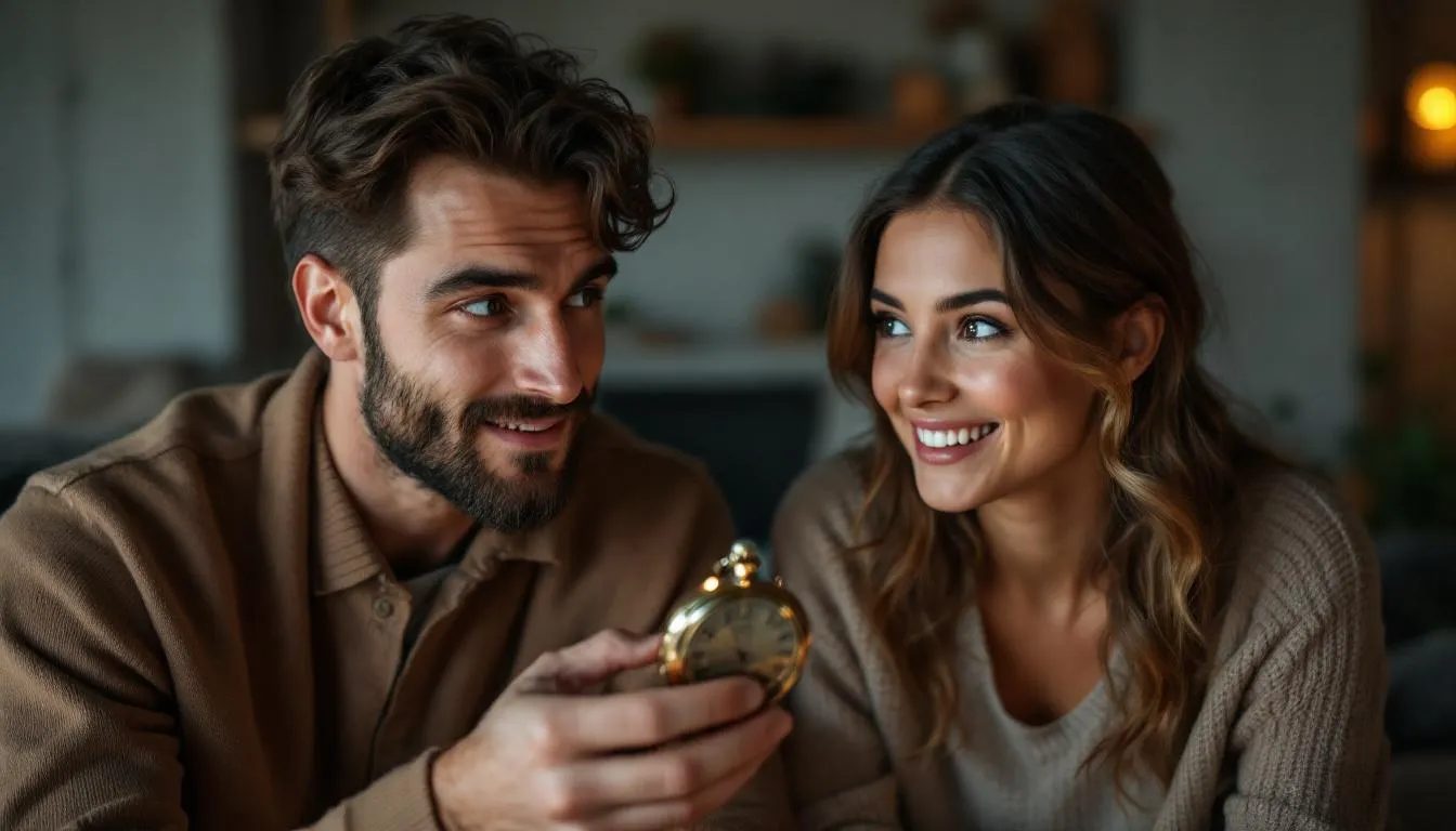 A couple engages in their first experience with erotic hypnosis, as the man holds a shining pocket watch, concentrating intently while his partner gazes at the swinging pendulum with a playful smile and curiosity. The warm light of the living room creates a lighthearted atmosphere filled with potential for hypnotic suggestions and intimacy.