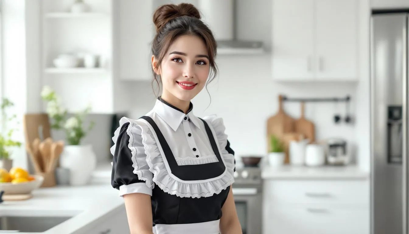 The image depicts a playful scene of sexy maid roleplay, featuring two consenting adults engaged in a passionate encounter within a hotel room. The mood is filled with sexual tension as they explore different personas, showcasing body language that hints at the power dynamics at play.