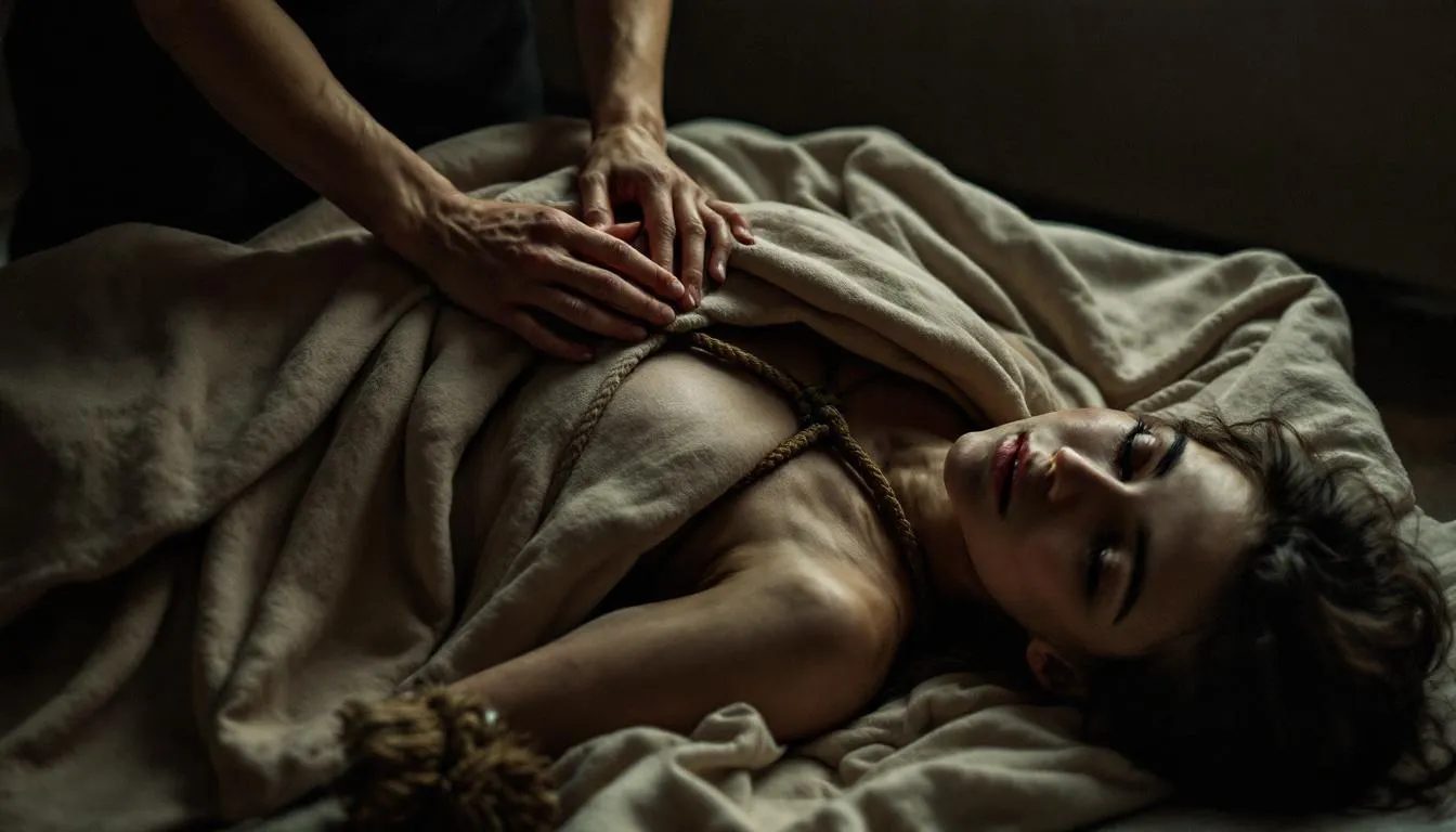 The image depicts a submissive person, still in a rope harness, being gently wrapped in a soft blanket by their dominant partner, symbolizing the importance of aftercare in BDSM play. A forgotten flogger lies on the floor, highlighting that the scene concludes not with the final impact, but with the nurturing act of emotional and physical support.