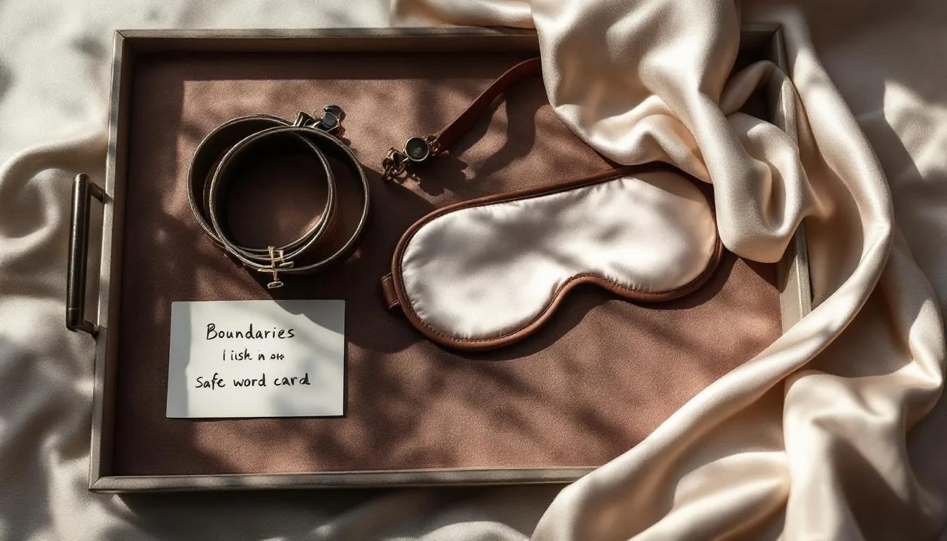 The image depicts a serene and intimate still life for a BDSM scene, featuring a velvet-lined tray that holds elegant leather cuffs, a silk blindfold, and a written list of boundaries alongside a safe word card. Soft lighting enhances the aesthetic, creating a mood of meticulous preparation and anticipation for erotic humiliation roleplay.