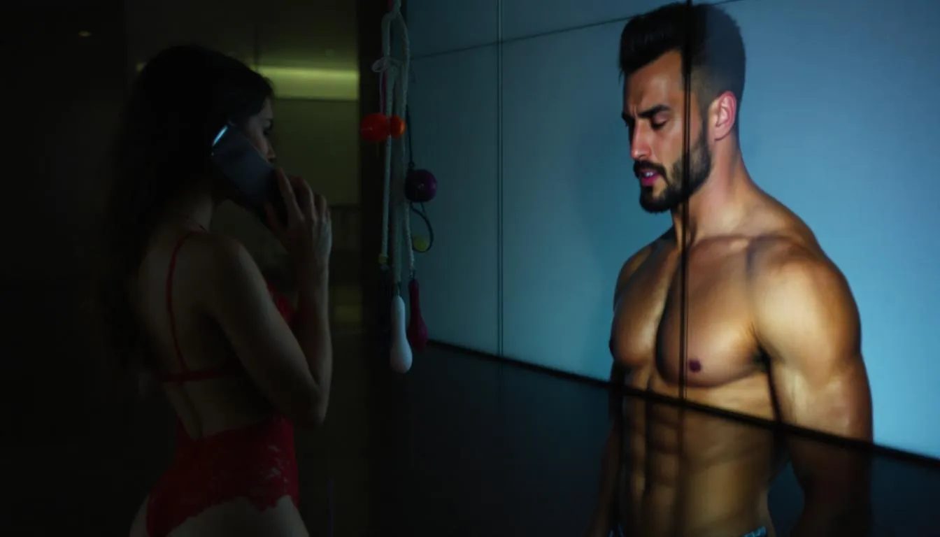 A sexy woman in lingerie is holding a rope and surrounded by sexual toys while talking on her phone. On a split screen, a topless man engages her seductively, embodying the playful dynamics of role play and sensual exploration in their conversation.
