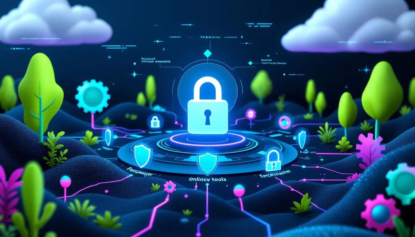 A visual representation of managing online identity with various privacy tools including password managers.