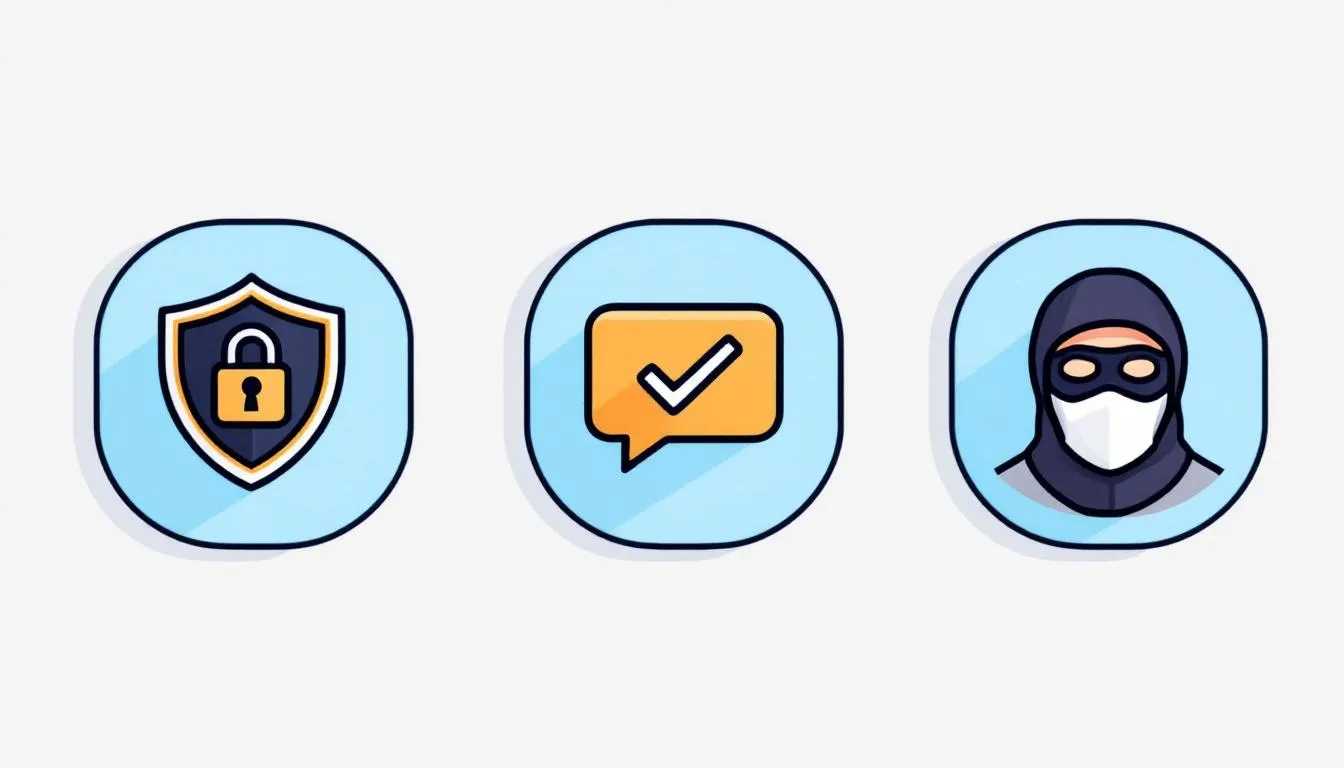 The image features various privacy protection icons, including representations of VPN services, secure messaging applications with end-to-end encryption, and tools for anonymous browsing, all aimed at helping users maintain their personal information and safety while engaging in online activities, such as dating apps and chat rooms. These icons symbolize the importance of cybersecurity and protecting one’s identity in the digital world.
