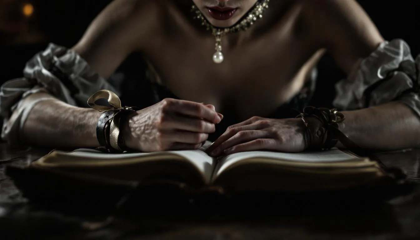 The image captures a person in an elegant yet vulnerable pose, with their head bowed and a delicate leather collar around their neck, symbolizing themes of humiliation play and power exchange. The moody lighting enhances the artistic expression of their submission, as they hold a single pearl on their tongue and their wrists are bound with a silk ribbon to an open ledger, conveying a profound exploration of consensual dynamics.