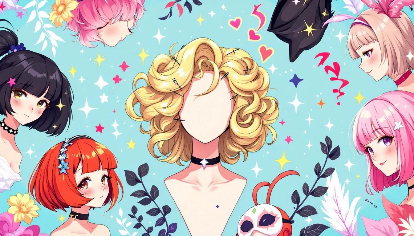 A variety of wigs and accessories for cosplay, including a blonde wig.