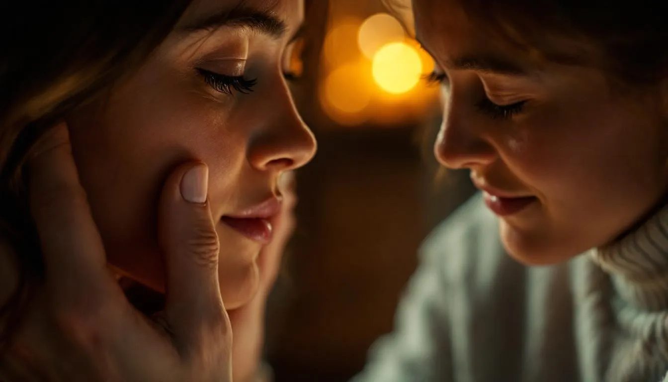 The image captures an intimate BDSM check-in, featuring a hand gently cradling a face with a thumb brushing the cheek, symbolizing silent communication and trust between partners. The warm, focused lighting enhances the emotional connection, emphasizing the importance of clear communication and negotiation in BDSM scenes.