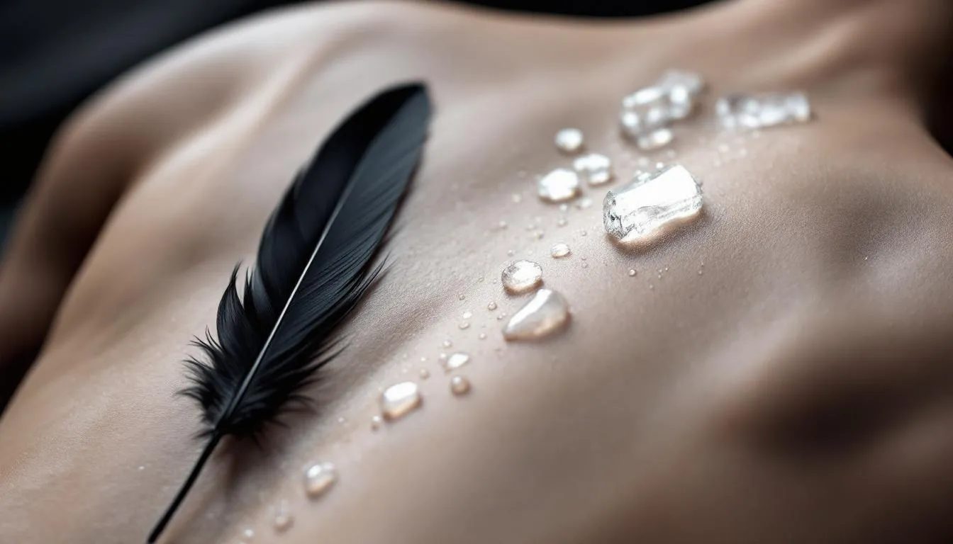 A close-up shot captures a person's bare back arching as melting ice drips down their spine, followed by the soft caress of a black feather, enhancing the sensory play experience. A sleek black blindfold lies nearby, emphasizing the power dynamics and heightened sense of touch in this intimate scene.