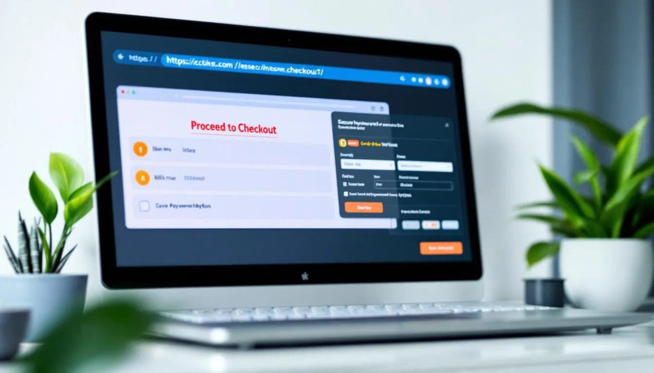 The image shows a computer screen displaying a secure checkout page featuring an SSL certificate, emphasizing the importance of secure payment processing for adult businesses. This page highlights robust security measures to protect customer financial information and prevent fraudulent transactions.