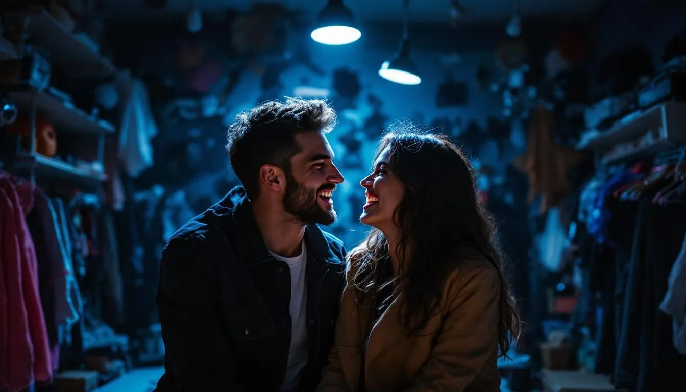 A couple is captured in a dimly lit room, surrounded by various props and costumes, as they share a moment of laughter and connection while exploring their roleplaying fantasies. Their eyes reflect a sense of adventure and mutual desire, embodying the fun and playful nature of BDSM play.