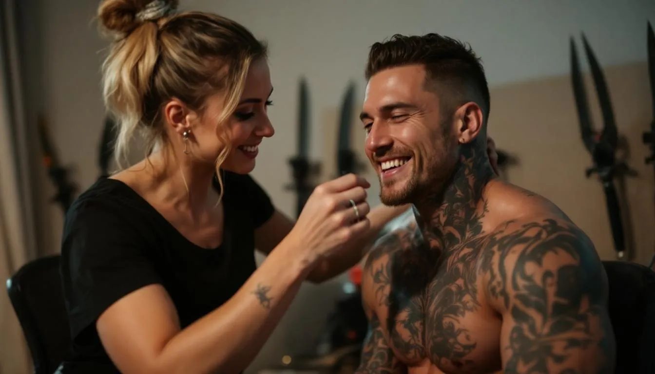 In this powerful counter-stereotype scene, a dominant partner with a gentle expression is lovingly braiding the hair of their submissive partner, who has a strong physique and visible tattoos, while smiling softly. The image beautifully illustrates the nurturing side of dominance within their consensual power exchange, highlighting that D/s dynamics can be rooted in mutual respect and emotional well-being rather than pain.