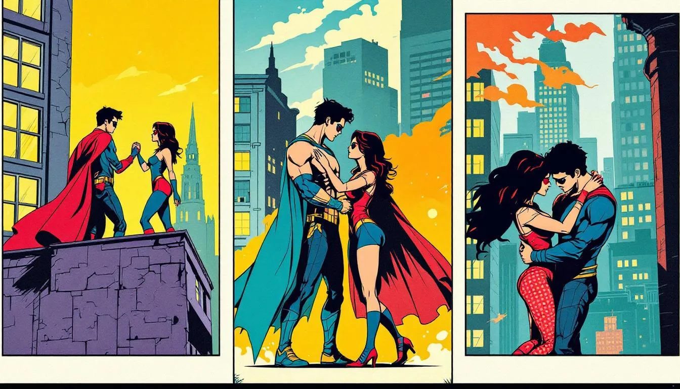 A joyful scene of couples engaging in superhero roleplay together, exploring their fantasies.