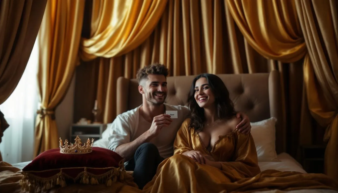 In a couple's bedroom transformed into a fantasy throne room, a "monarch" holds a safe word card while their "subject" smiles, embodying a playful dynamic that balances erotic roleplay with real-life trust and clear boundaries. The room is adorned with silk and features a single prop crown, creating an intimate private space for exploring sexual fantasies together.