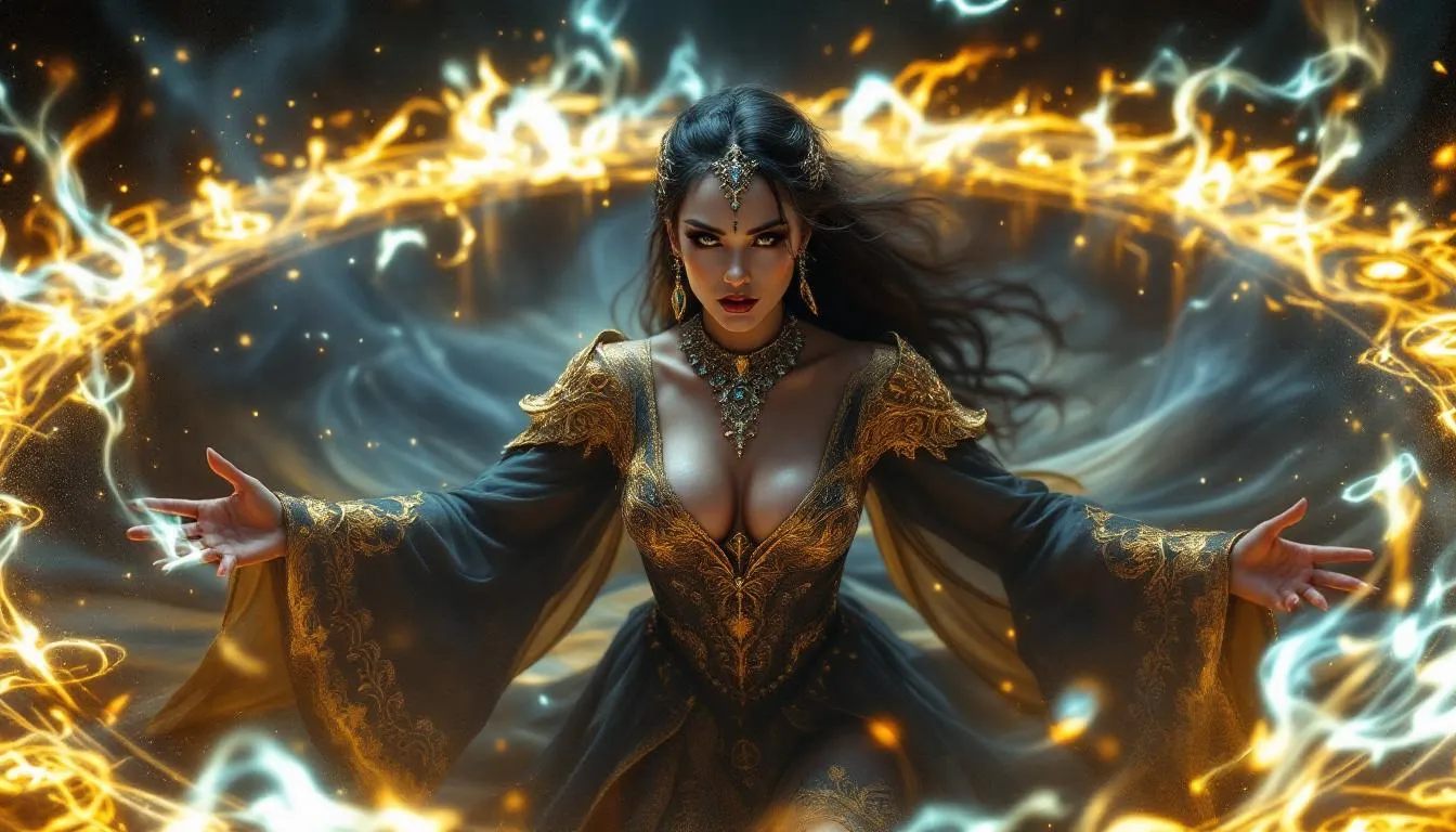 The image depicts a powerful sorceress adorned in an elaborate gown and jeweled collar, encircled by a glowing magical energy within a ritual circle. The dramatic lighting enhances the high detail of this fantasy art, evoking a sense of intense power dynamics and exploring the themes of bondage play within a mystical context.