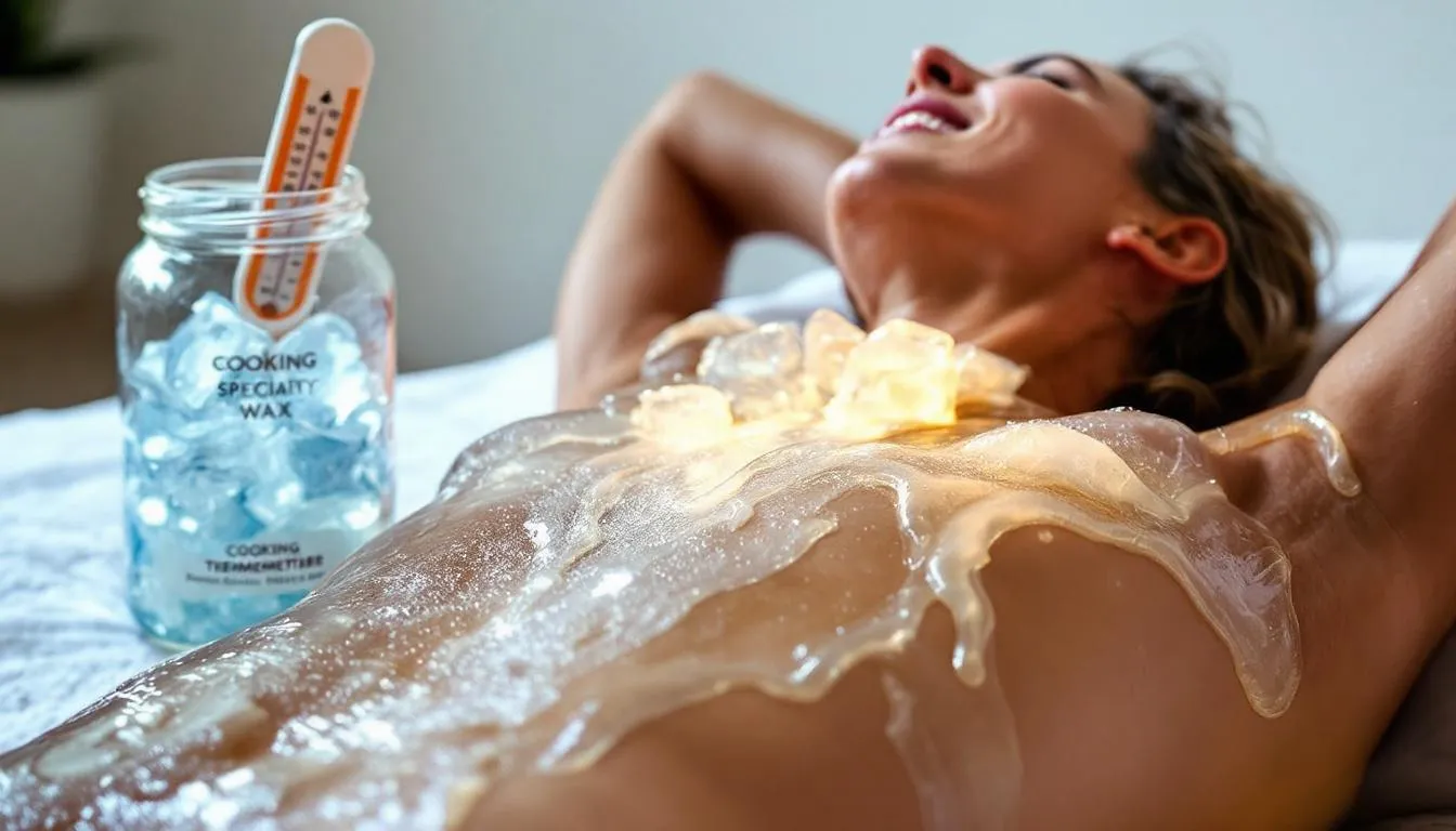 The image depicts a captivating temperature play scene where shimmering, body-safe candle wax cools on a person's back beside a melting ice cube, highlighting the contrast of warm and cool sensations. The model's expression of focused pleasure reflects the excitement of exploring BDSM activities and the emotional intimacy that comes with such sensory play.