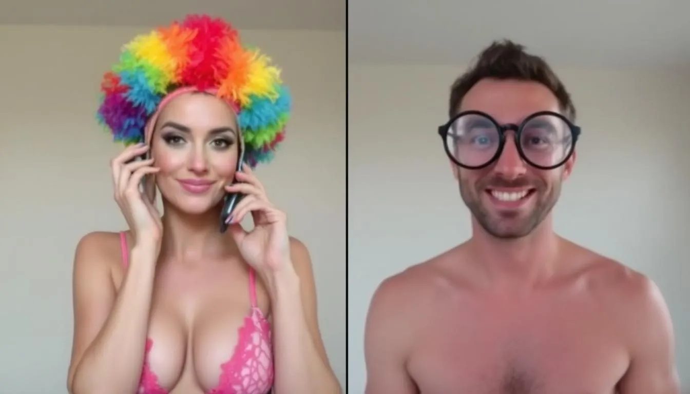 The image depicts a woman in lingerie and a whimsical hat, animatedly speaking on the phone, while on a split screen, a topless man wearing amusing glasses listens intently. This playful scene hints at a light-hearted roleplay scenario, possibly involving elements of a master-slave relationship, where both partners explore their desires in a fun and consensual manner.