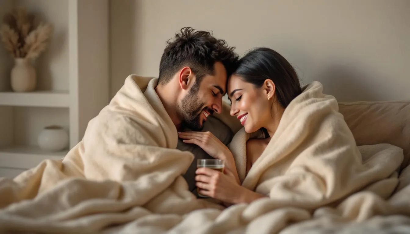 The image depicts two partners in a tender aftercare moment, foreheads touching as they share a soft blanket and a glass of water. One gently traces a fading mark on the other's arm, embodying emotional support and trust that is essential after an intense BDSM scene.