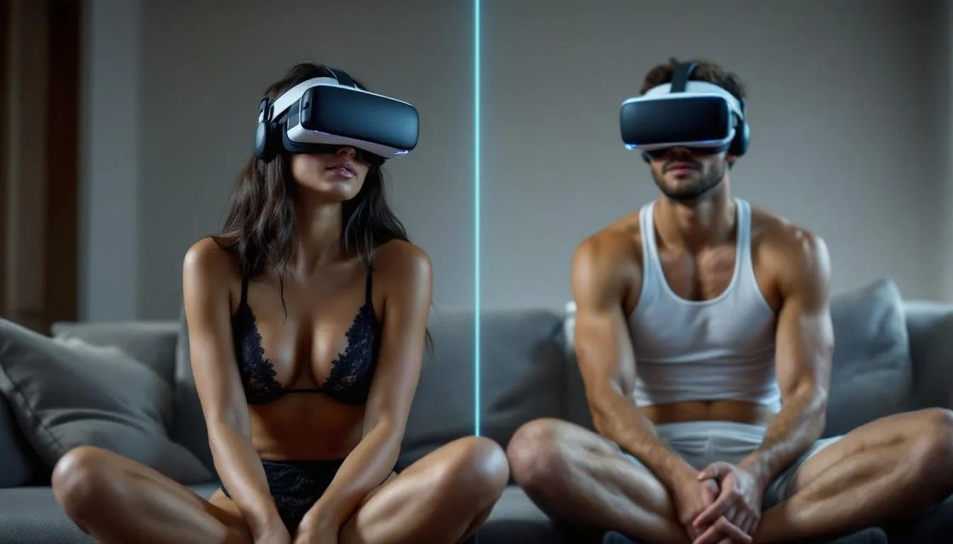The image features a woman wearing lingerie and a VR headset on one side of a split screen, while on the other side, a topless man also wears a VR headset. This scene illustrates the evolution of adult phone chat lines into digital platforms, highlighting modern online interactions and the connection between users in virtual environments.
