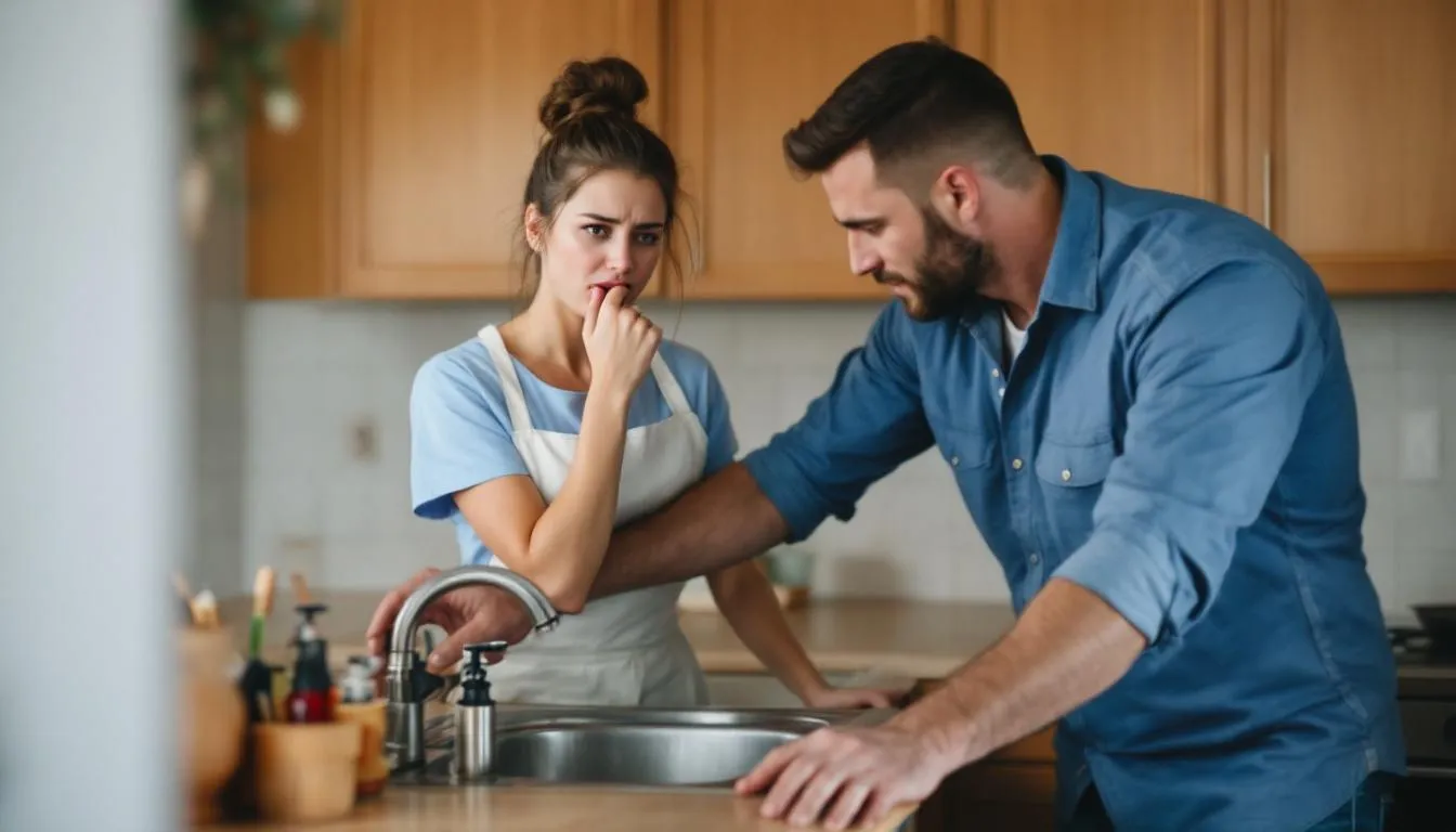 The image depicts a young, flustered housewife biting her lip as she stands close to a handsome handyman, whose arm brushes against hers while he pretends to fix her kitchen sink, creating a charged atmosphere filled with unspoken tension and playful role play. This scene captures the essence of exploring fantasies and the dynamics of attraction in a light-hearted, yet intimate setting.
