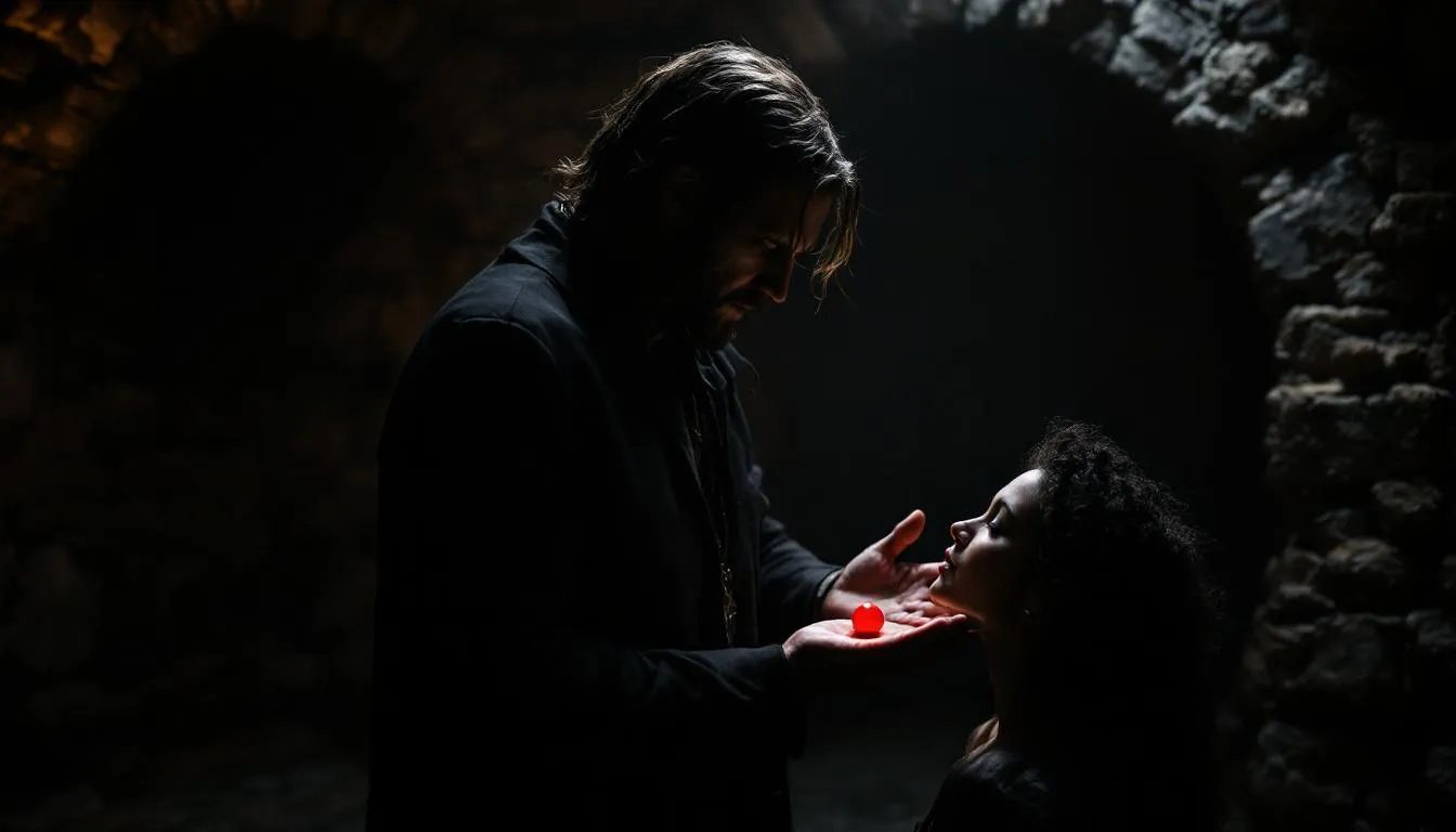 In a dimly lit dungeon, a Dominant gently holds their submissive's chin, with a red safety bead in their palm symbolizing trust and consensual power dynamics. This intimate scene captures the essence of role play, where the partners explore their fantasies and deepen their connection in a safe and exciting environment.