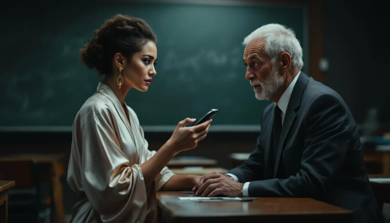 A confident student, now dressed in a silk robe, holds a vibrating remote control as she engages in a lesson on obedience with her professor, their intense eye contact heightening the sexual tension between them. This scene captures a classic roleplay scenario, blending power dynamics and fantasy characters in a moment filled with anticipation and desire.