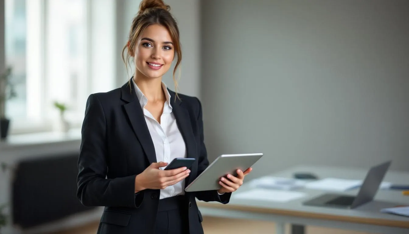 A confident woman smiles while holding a smartphone displaying a VPN app, promoting the use of a reliable VPN service for accessing adult sites securely. She emphasizes the importance of protecting sensitive information and browsing history from prying eyes while enjoying streaming services and watching adult content online.