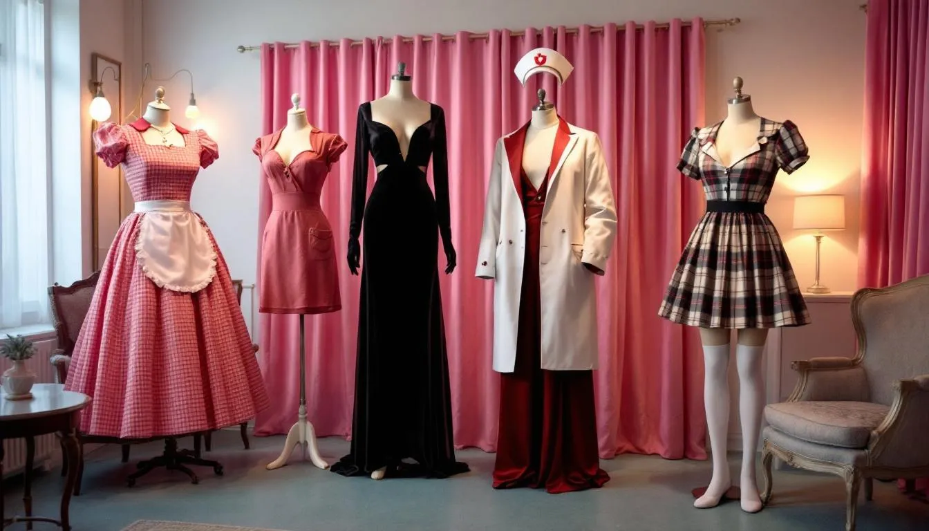 A collection of classic MILF role play costumes displayed.