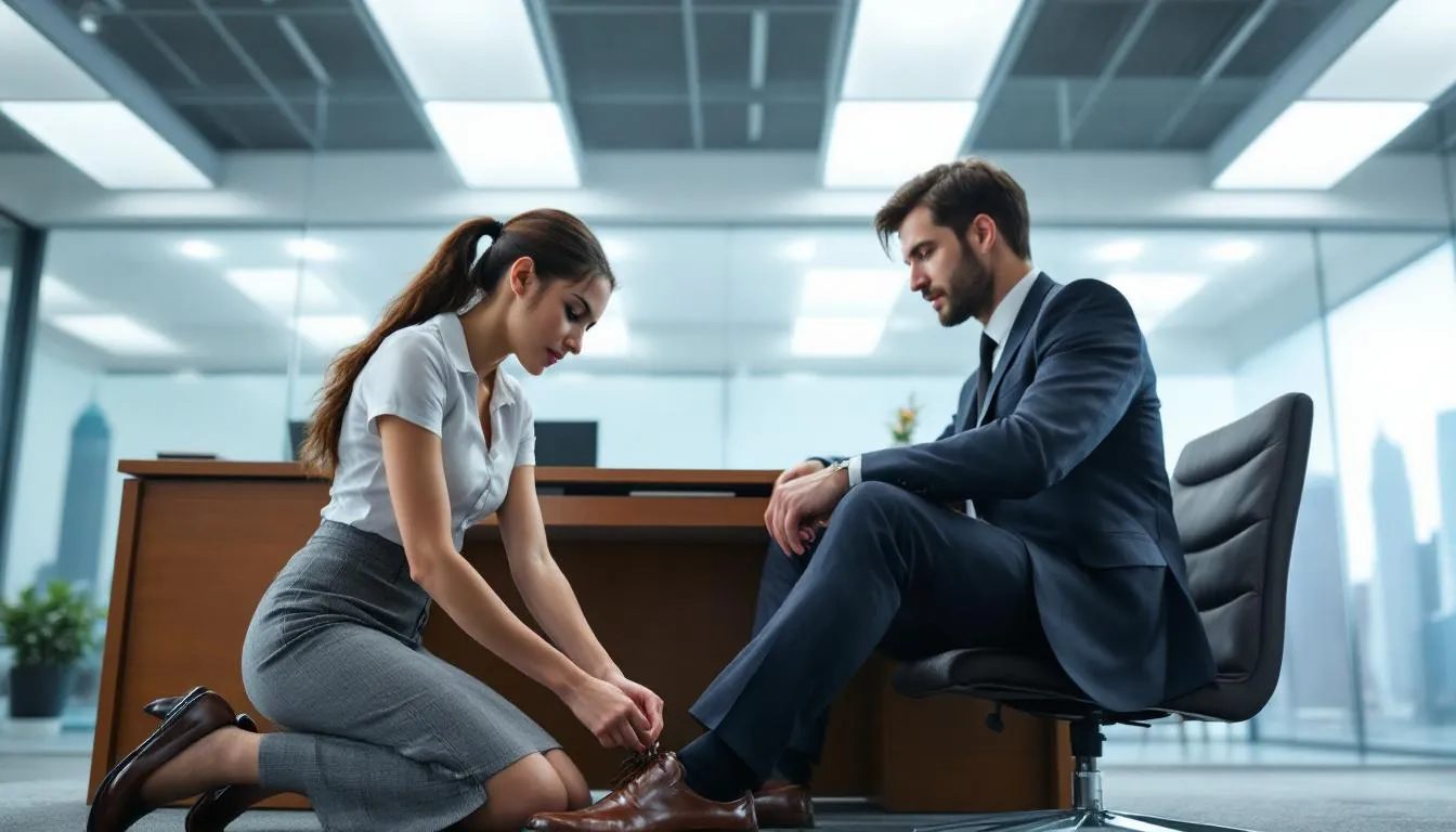 In an office setting, a CEO sits confidently at their desk, observing as an intern kneels before them, methodically untying their shoes. The scene captures the power dynamics of boss and employee role play, emphasizing submission and anticipation within a formal atmosphere.