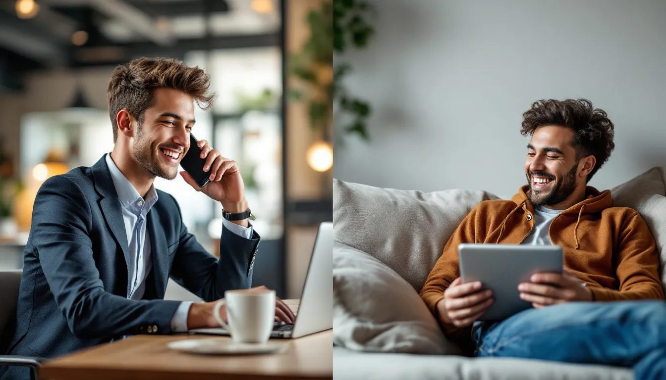 The image depicts two individuals engaged in a phone conversation, symbolizing different user types of reputable phone chat services. One person appears casual and relaxed, representing free users enjoying casual chats, while the other is more formal, indicating a power user taking advantage of premium features for meaningful connections.