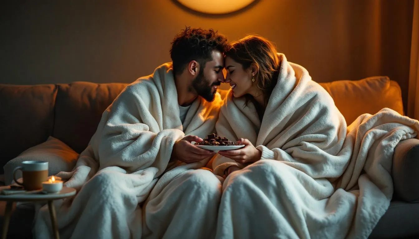 The image depicts two partners wrapped in a warm blanket, sharing chocolate and soft whispers in a cozy aftercare scene following an intense BDSM session. Nearby, a warm mug and a discarded blindfold symbolize their relationship connection and the importance of clear communication and aftercare plans in their consensual exploration of power exchange.