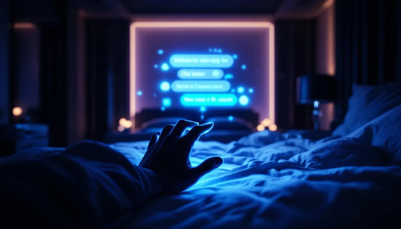 The image depicts a hyper-realistic, holographic AI interface glowing softly in a dimly lit luxurious bedroom, where a human hand delicately traces the responsive light of an intimate chat log. This scene embodies digital intimacy and privacy, highlighting the emotional connection and ongoing communication possible with AI companions in today's digital age.