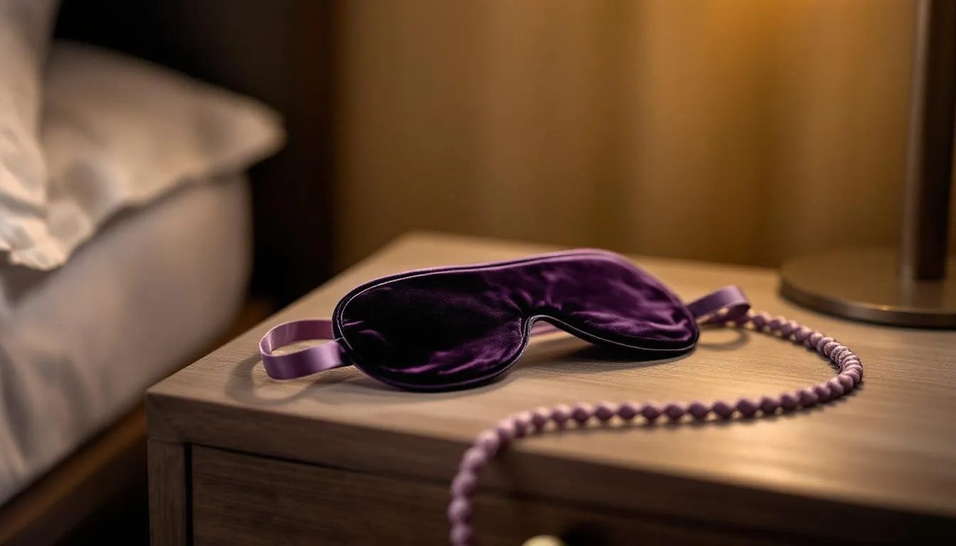 A luxurious velvet blindfold and a single silk rope lie invitingly on a nightstand, suggesting a playful exploration of power dynamics and sexual fantasies between consenting adults. This intimate setting encourages imaginative role play and the thrill of exploring desires in a safe space.