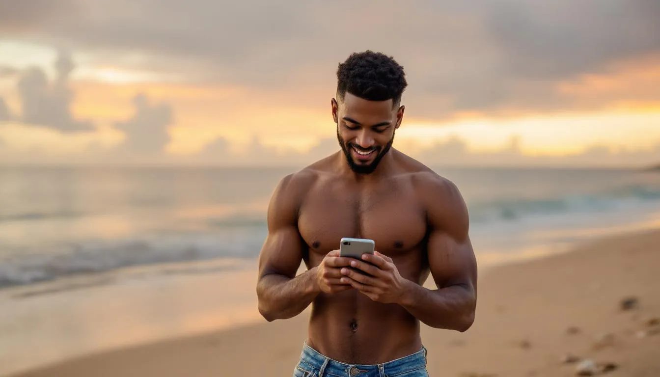 A topless man is sitting casually while texting on his phone, engaged in an intimate conversation that could involve anything from casual flirting to deeper relationship discussions. His relaxed posture suggests a comfortable moment, possibly connecting with a partner through text messages or sexting apps, maintaining the spark alive in a long-distance relationship.