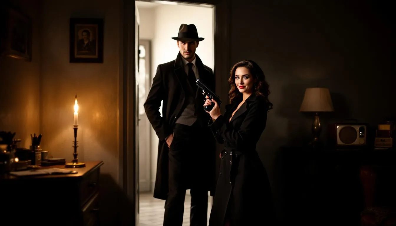 A couple engages in a playful role play scene inspired by film noir, with one partner leaning in the doorway as a mysterious detective while the other, wrapped in a trench coat and holding a prop gun, flashes a seductive smile. This moment captures the excitement of exploring power dynamics and deep emotional connections through their imaginative characters.
