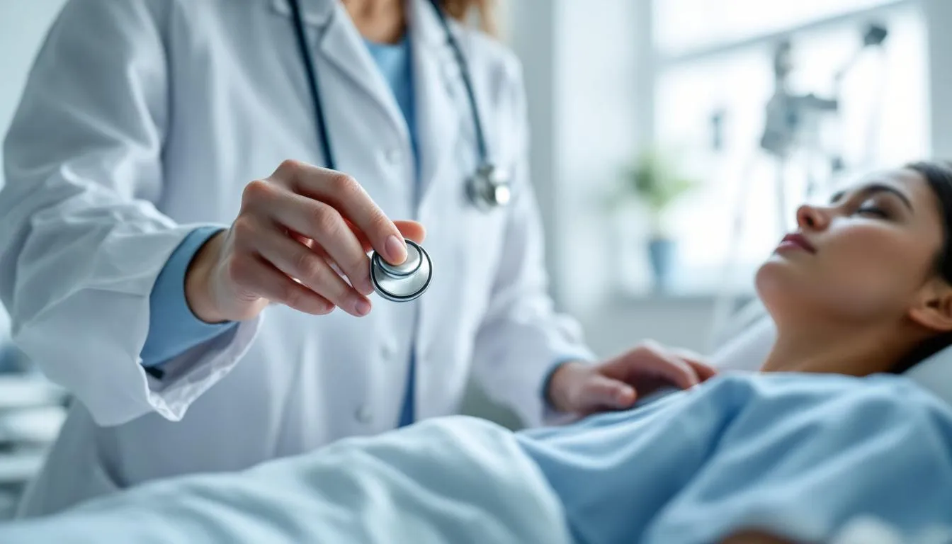 In a medical role play scene, a naughty nurse gently trails the cold metal disc of a stethoscope down their patient's chest, transforming a clinical examination into an intimate moment filled with teasing seduction and exploration of power dynamics. The atmosphere is charged with the thrill of medical fantasy, as the nurse's expert touch heightens sexual arousal in this consensual environment.