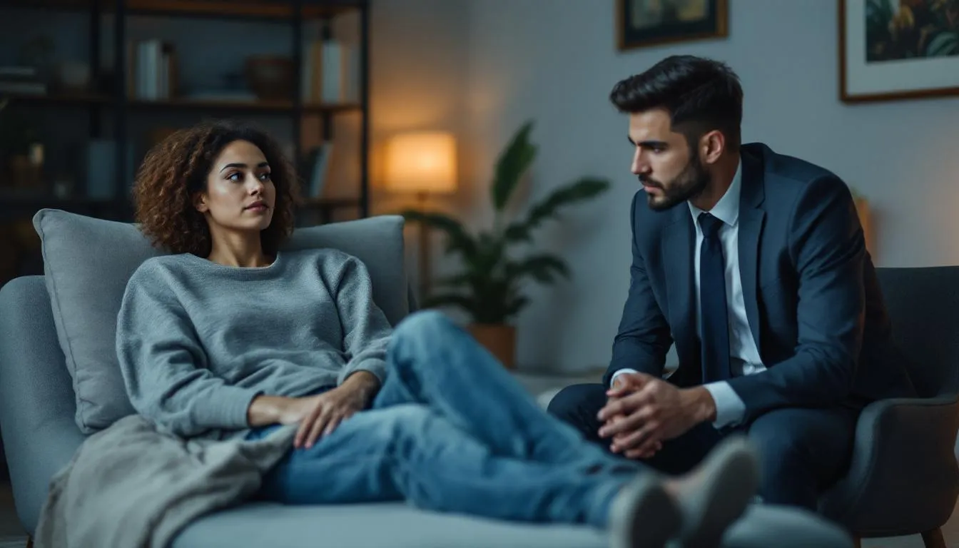 In a therapist's office, a client reclines on a chaise lounge while a psychologist, abandoning their notepad, moves closer to engage in a more personal and unprofessional exploration of their fantasies. The scene captures the tension of power dynamics and the allure of medical roleplay, blurring the lines between therapy and intimate connection.