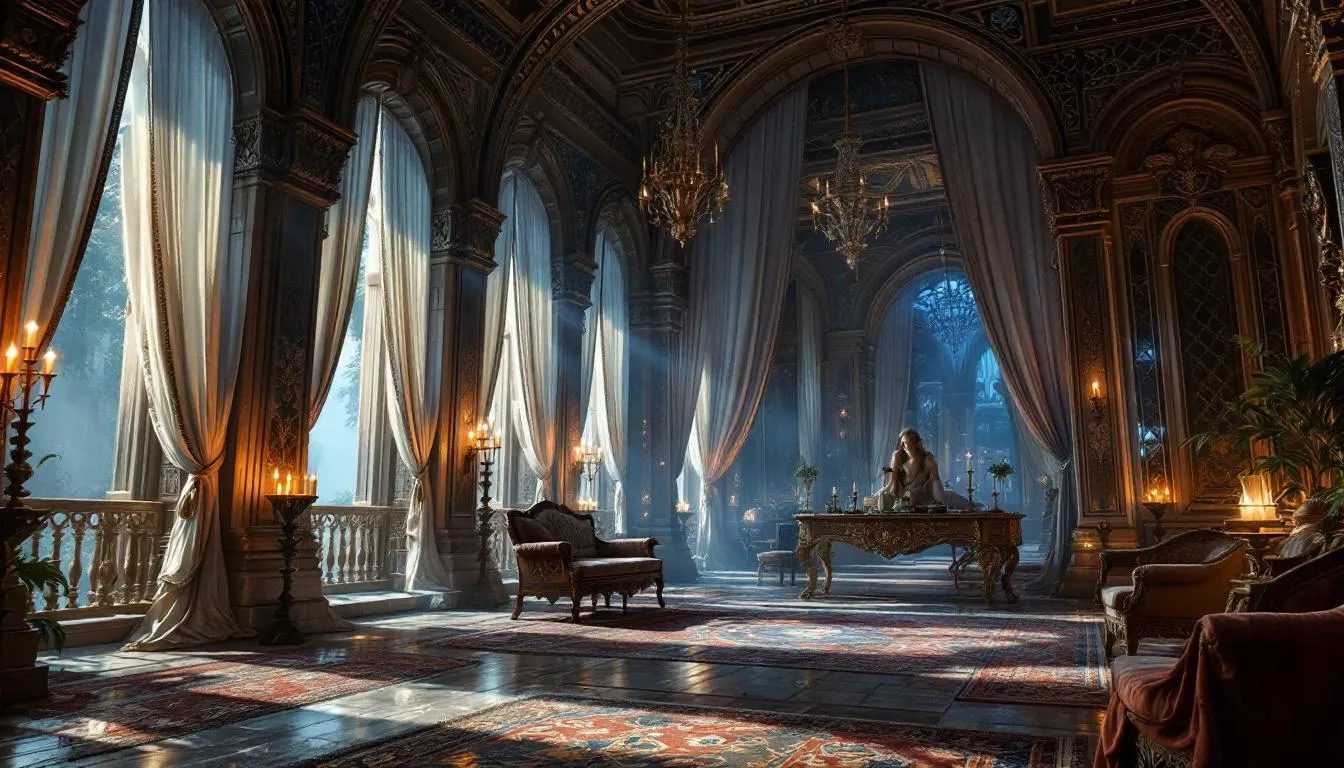 The image showcases a stunning elven palace, illuminated by the glow of a game developer's screen, featuring intricate details that hint at a fantasy world filled with seduction, power, and betrayal. This breathtaking setting serves as a backdrop for an adult RPG, where players can explore erotic adventures and engage in compelling storylines involving sexy elves and dark lords.