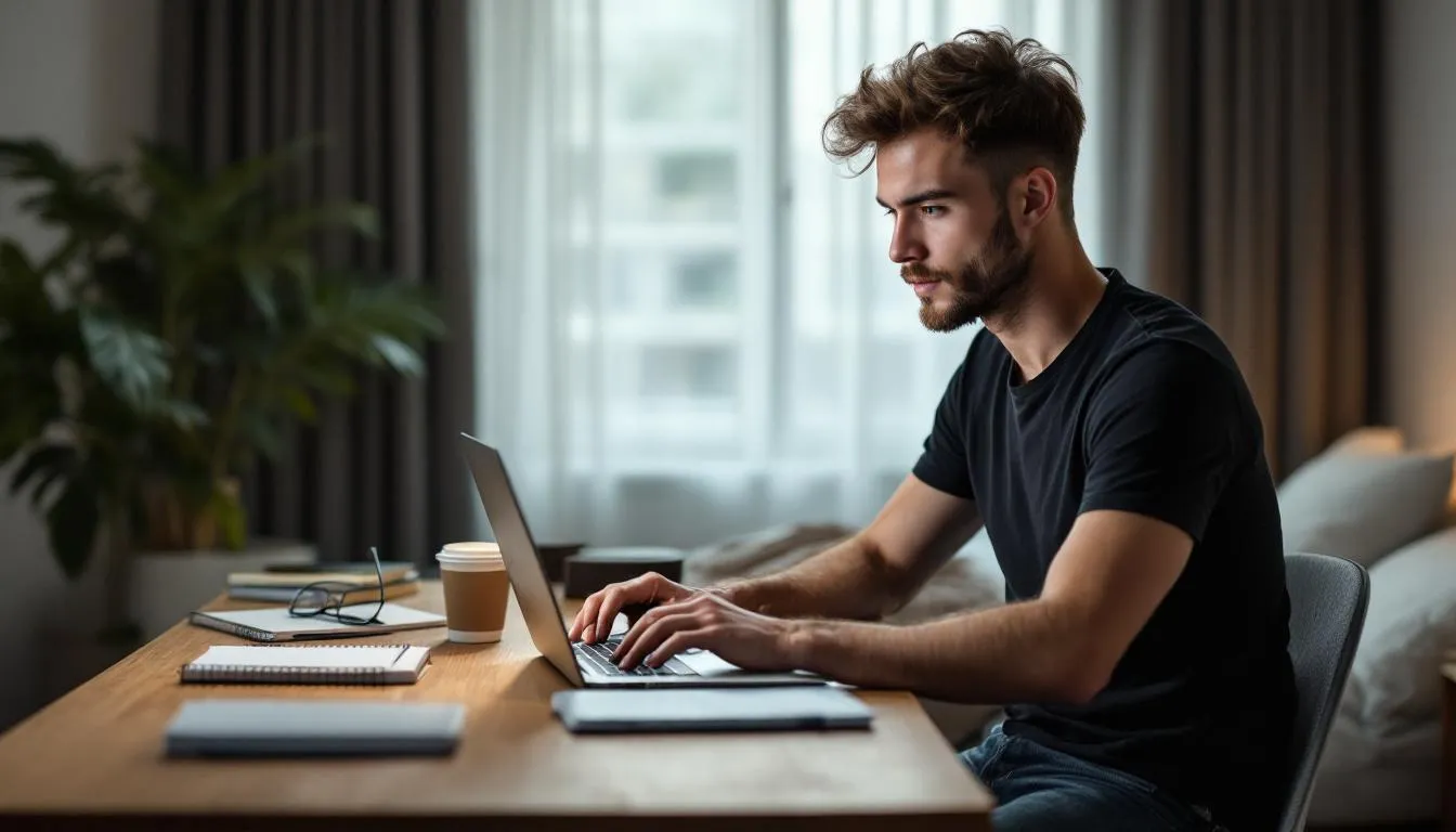 A handsome man is intently reviewing his active subscriptions on a sleek digital device, highlighting his engagement with various adult entertainment services. The scene captures a moment of curiosity and satisfaction, reflecting the importance of secure payment processing in the adult industry.
