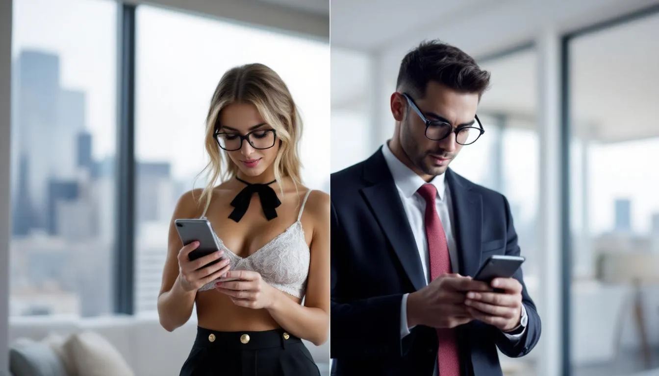 The image features a woman in lingerie, wearing a tie and glasses, intently looking at her phone. On a split screen, a man mirrors her actions, also dressed similarly and engaged with his phone, highlighting the modern connections and interactions on the Niteflirt platform.