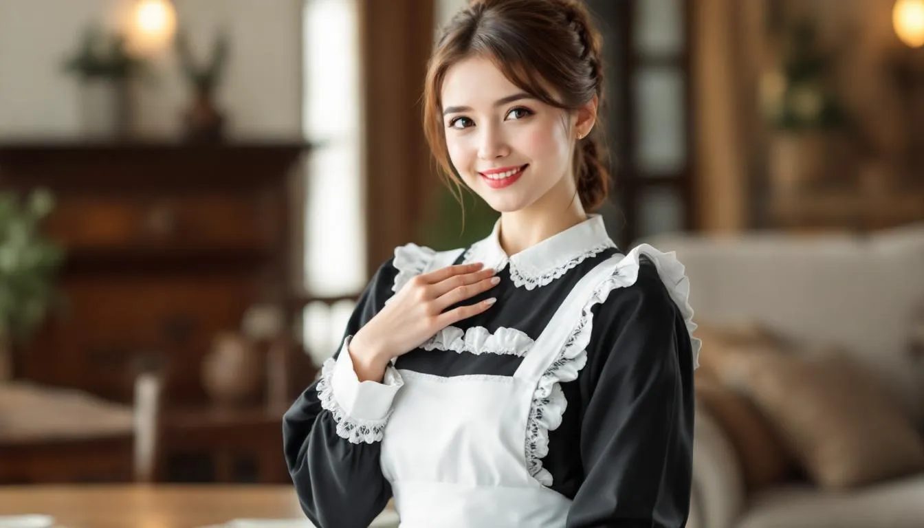 The image depicts a playful scene of sexy maid roleplay, featuring two consenting adults engaged in a passionate encounter within a hotel room. The mood is filled with sexual tension as they explore different personas, showcasing body language that hints at the power dynamics at play.