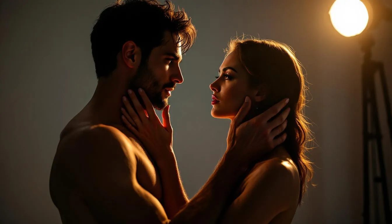 The image depicts a powerful moment of consensual power exchange in BDSM play, where a Dominant's hand rests gently yet firmly on their submissive's throat, symbolizing trust and control. The submissive, with their hands clasped behind their back, gazes into the Dominant's eyes, illuminated by a dramatic light, emphasizing the dynamics of power play and the importance of consent in kink exploration.