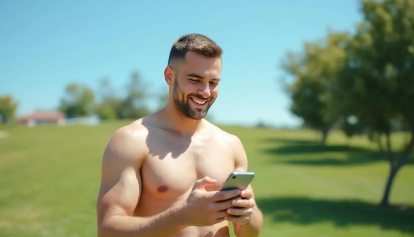 A topless man is smiling joyfully while looking at his mobile phone, suggesting a moment of happiness or excitement, possibly related to a positive interaction on a chat line or website. His expression conveys a sense of emotional support, as he engages with something that brings him joy.