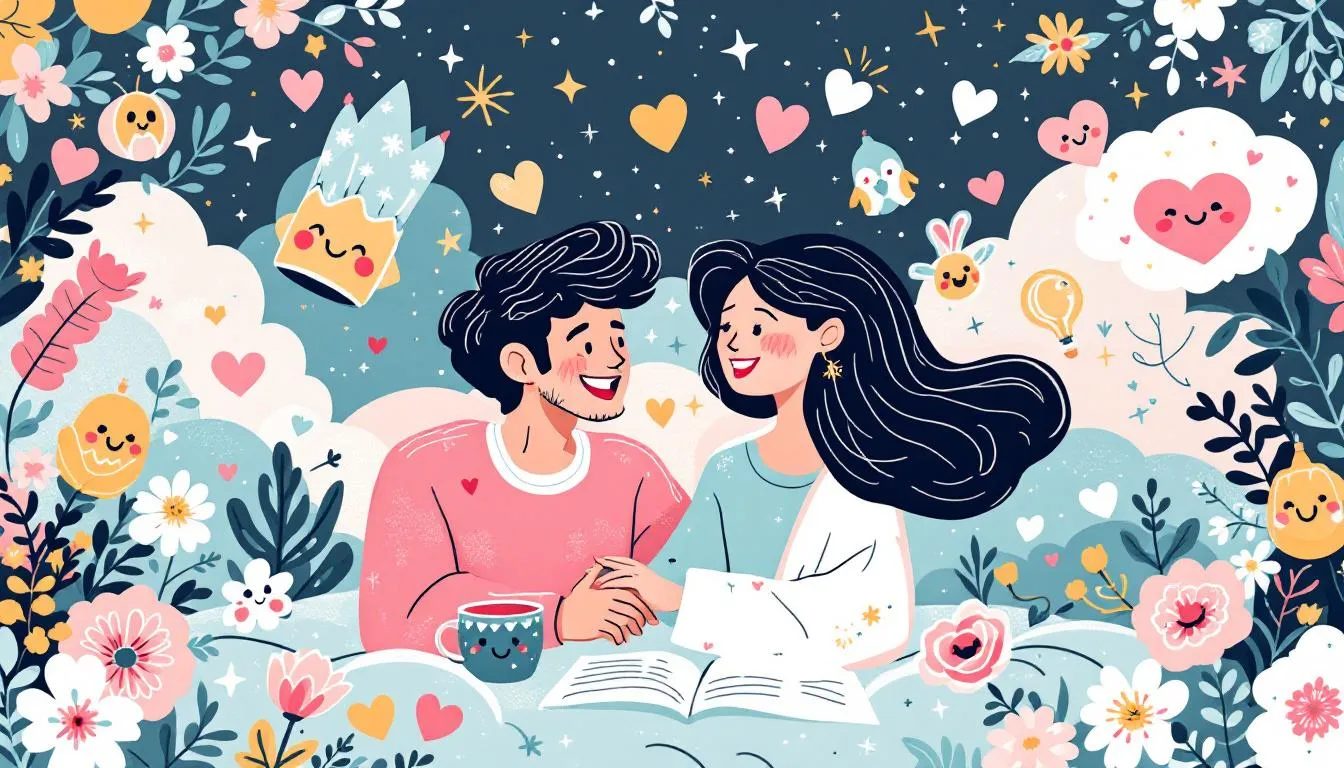 A joyful couple exploring their fantasies, surrounded by playful elements.