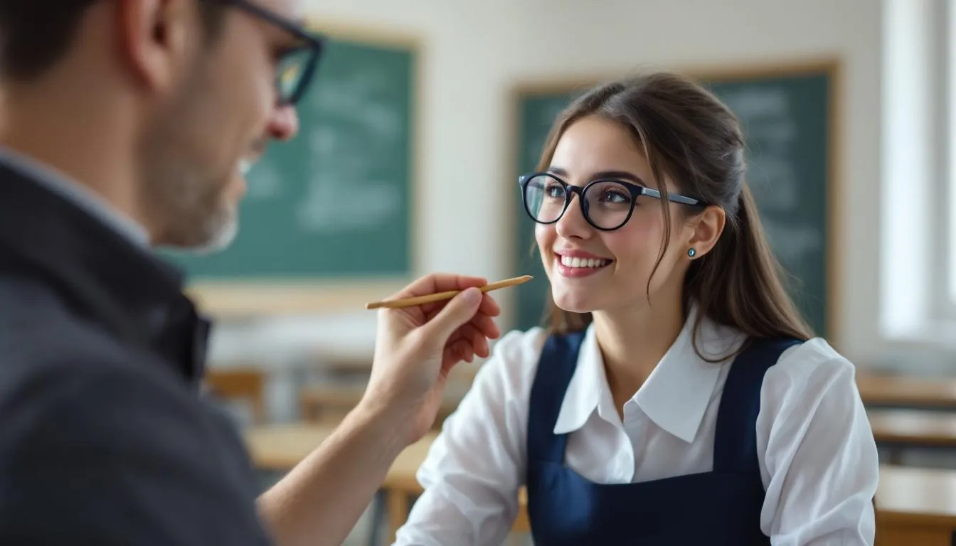 A playful BDSM scene depicts a dominant partner, dressed as a teacher with glasses, gently tilting the chin of their submissive partner, who wears a uniform skirt and has a soft blush on their cheeks. The mood is light and curious, highlighting the exploration of power dynamics and consensual kink in a safe and enjoyable experience.