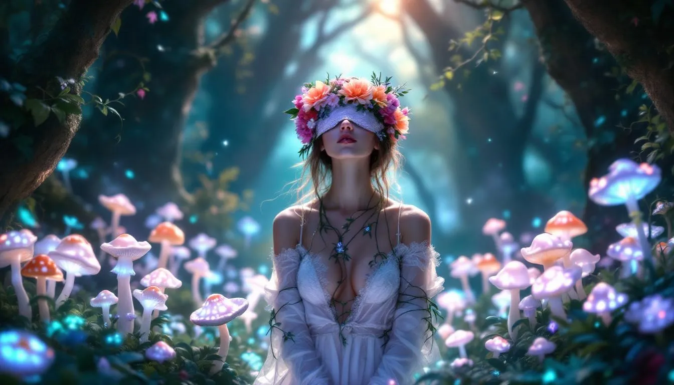 In a whimsical forest glade, a person is playfully bound with glowing vines and soft silk ropes, wearing a flower blindfold. The enchanting scene is illuminated by bioluminescent mushrooms, creating a sensory-rich environment that invites exploration of fantasies and power dynamics in BDSM role play.