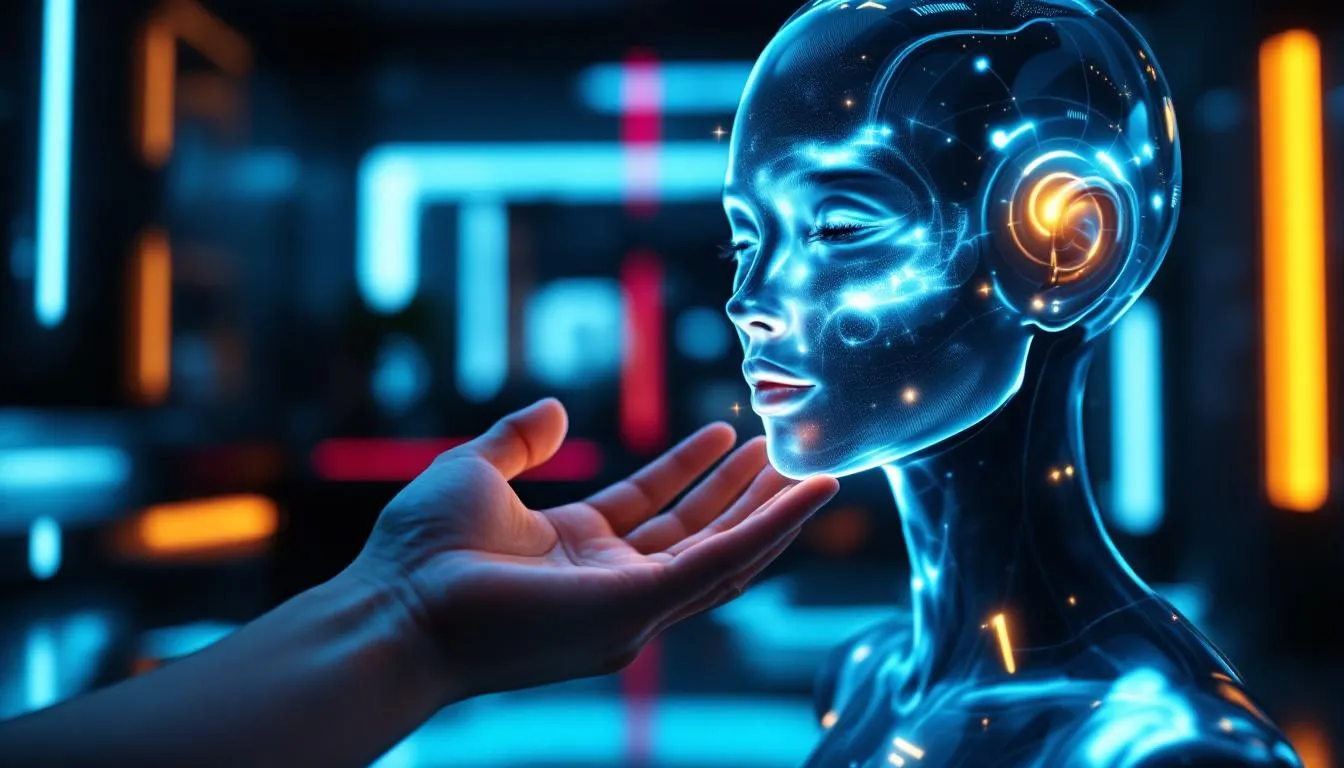 A human hand reaches out to touch a glowing, holographic AI companion, which is forming into their perfect fantasy partner, radiating a sense of digital intimacy and connection. The shimmering entity leans into the touch, embodying the allure of AI companionship in today's digital age, inviting exploration of secret desires and emotional depth.