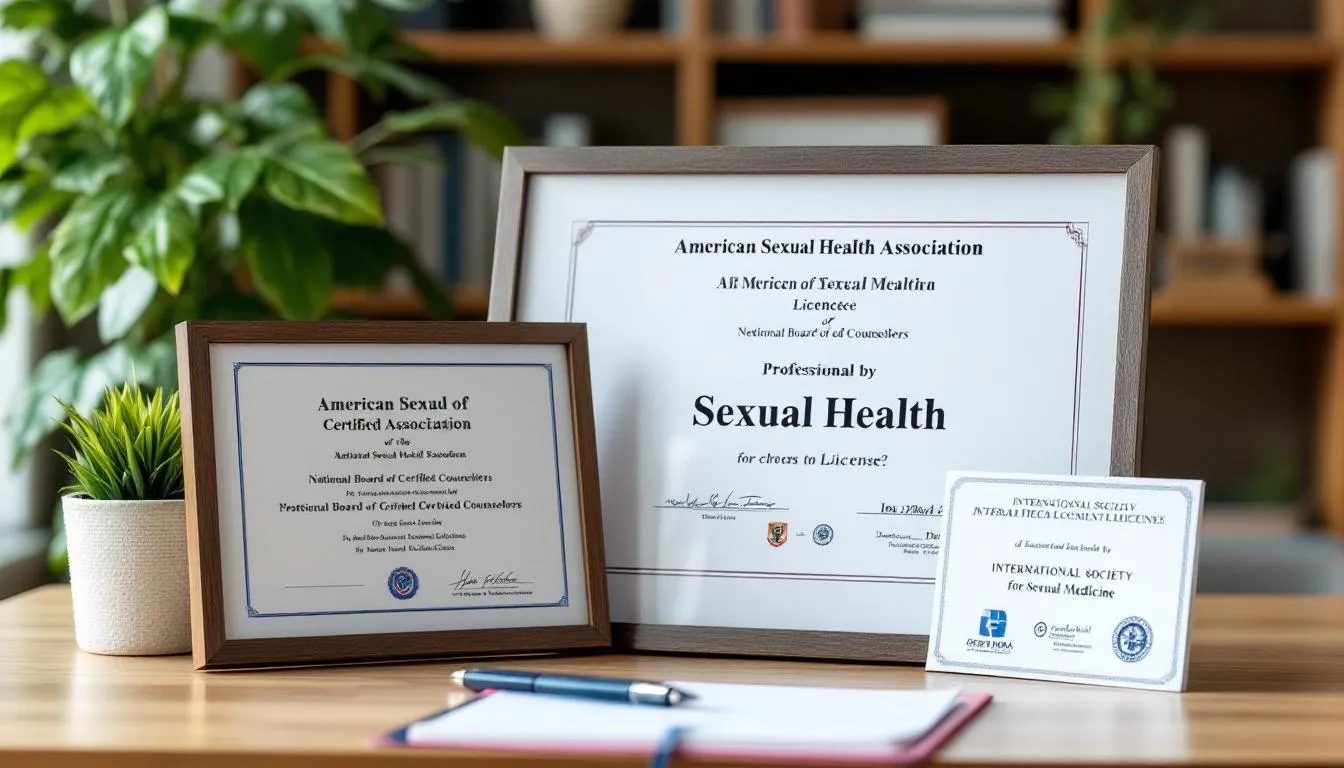 The image showcases a collection of professional credentials and certification documents that signify expertise in sexual health, emphasizing the importance of qualified guidance in navigating sexual desires, intimacy, and wellness. This representation highlights how knowledgeable sexual health advisors can support individuals in understanding their sexual needs and experiences, fostering positive relationships and emotional intimacy.