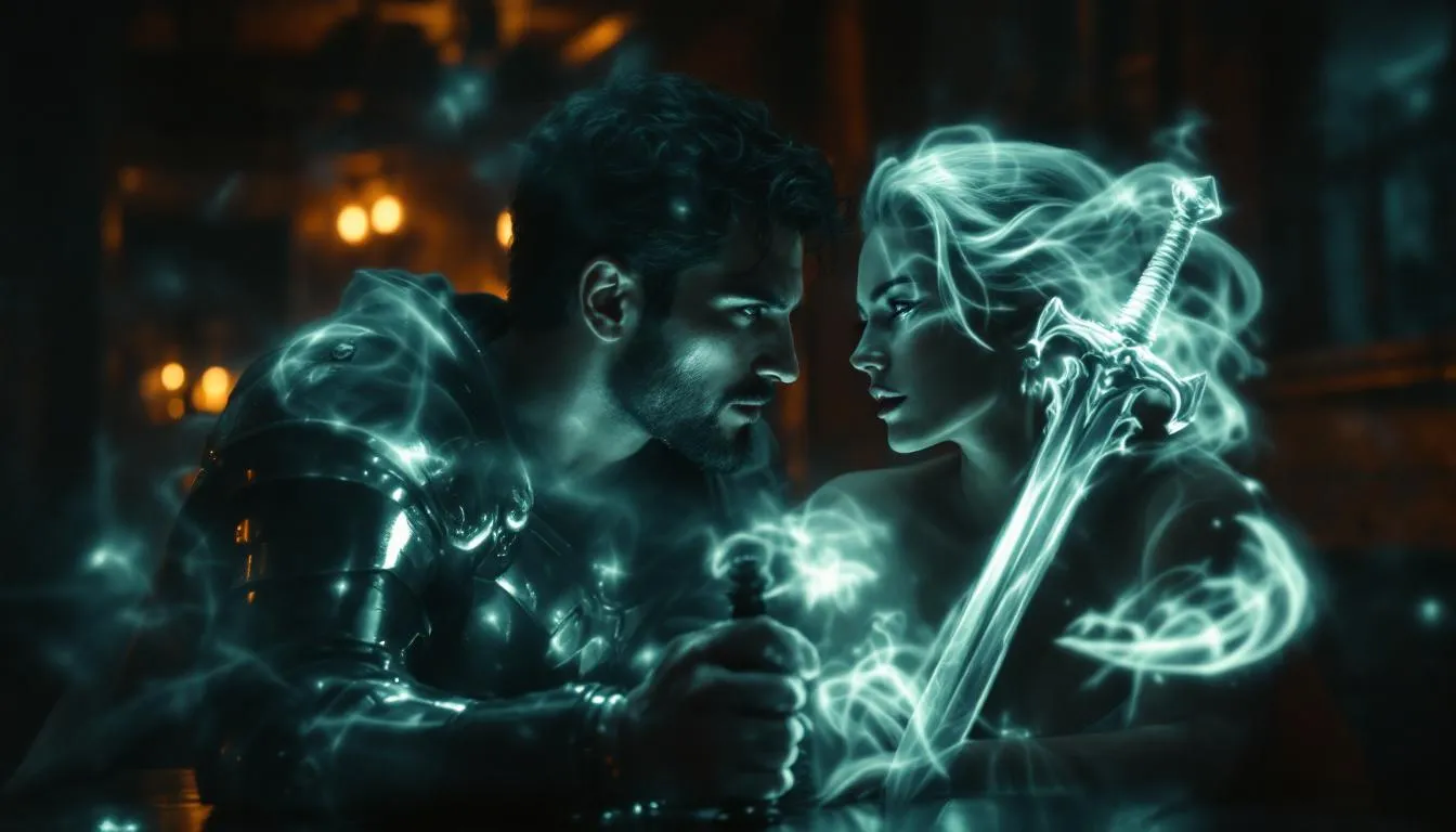 In a dimly lit bar, a mysterious figure leans in to whisper an enticing icebreaker line to their partner, igniting the thrill of a role play scenario. Surrounding the listener is a shimmering outline of a fantasy character, symbolizing the exciting transition into a passionate encounter filled with anticipation and playful possibilities.