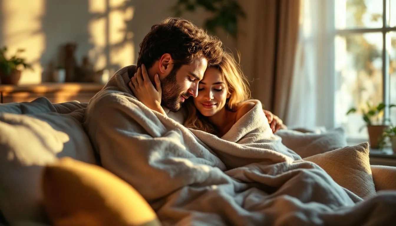 The image depicts a tender aftercare moment between two partners, wrapped in a soft blanket on a couch, with one partner gently nuzzling the other's hair, radiating care and reassurance. The warm golden light envelops them, creating an intimate atmosphere that emphasizes their loving connection and mutual respect, essential in any BDSM or humiliation play scenario.